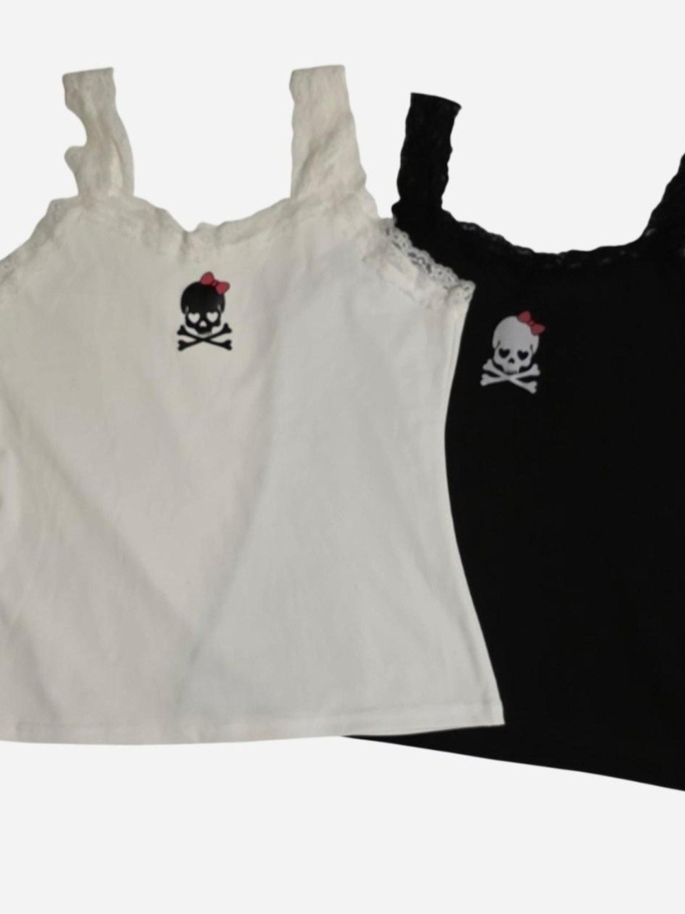 Skull & Crossbones w/Pink Bow Lace Tank Top Set, White & Black, Creepy Cute